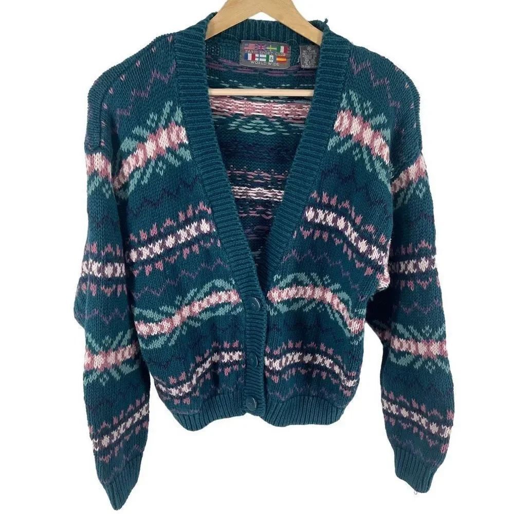Vintage Paris Sport Club Worldwide Women's Cardigan Sweater Button Closure Blue